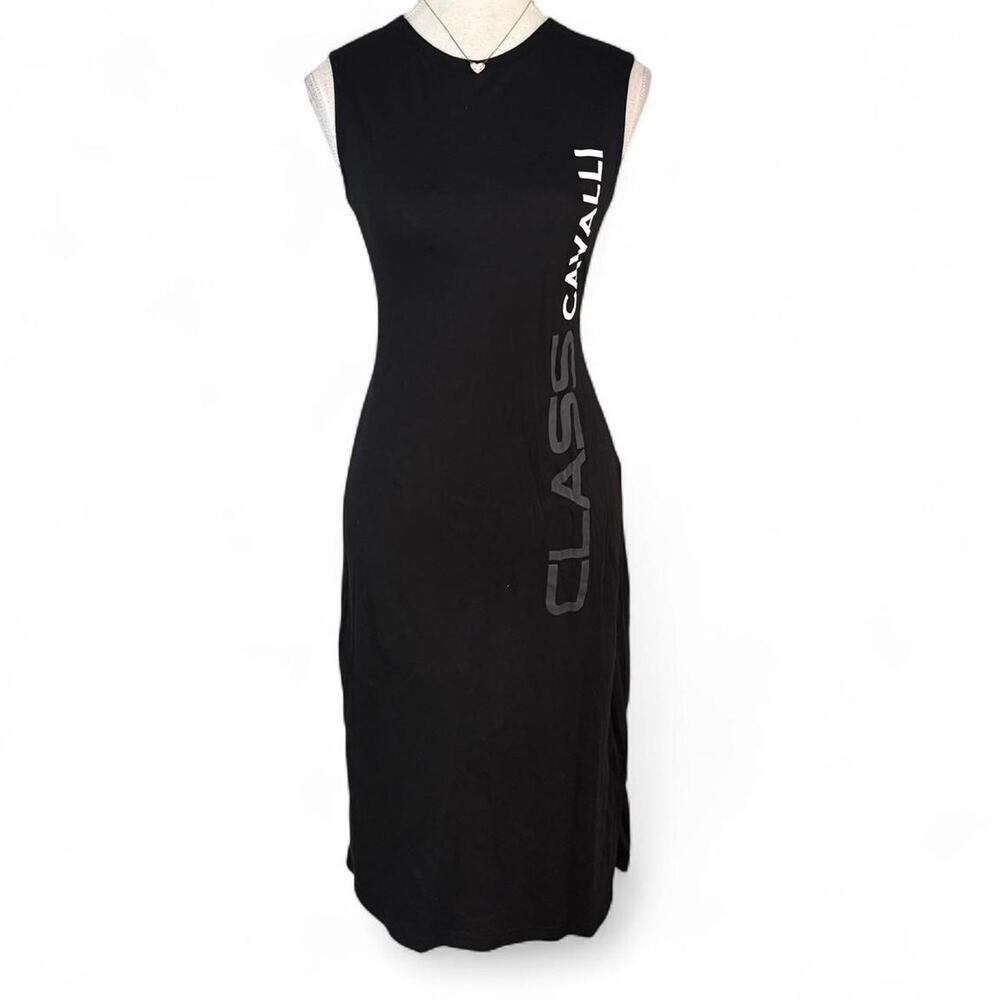 Black Class Cavalli midi dress vertical 'CLASS CAVALLI' text by Italian luxury